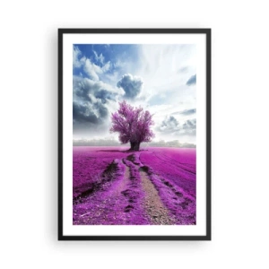 Poster in einem schwarzem Rahmen - Ein Baum auf einem Feld in Lilatönen - 50x70cm - Heide - Wildnis - Moderne Wanddekoration für Wohnzimmer und Schlafzimmer ARTTOR
