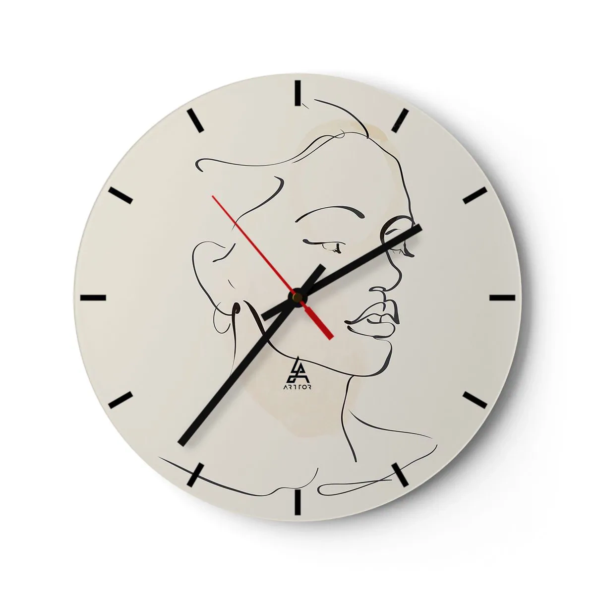 Wanduhr - Glasuhr - Minimalistische Linienzeichnung einer Frau auf weißem Hintergrund - 30x30cm - Eine bestimmte Linie - Moderne Wanddekoration für Wohnzimmer, Küche und Schlafzimmer ARTTOR