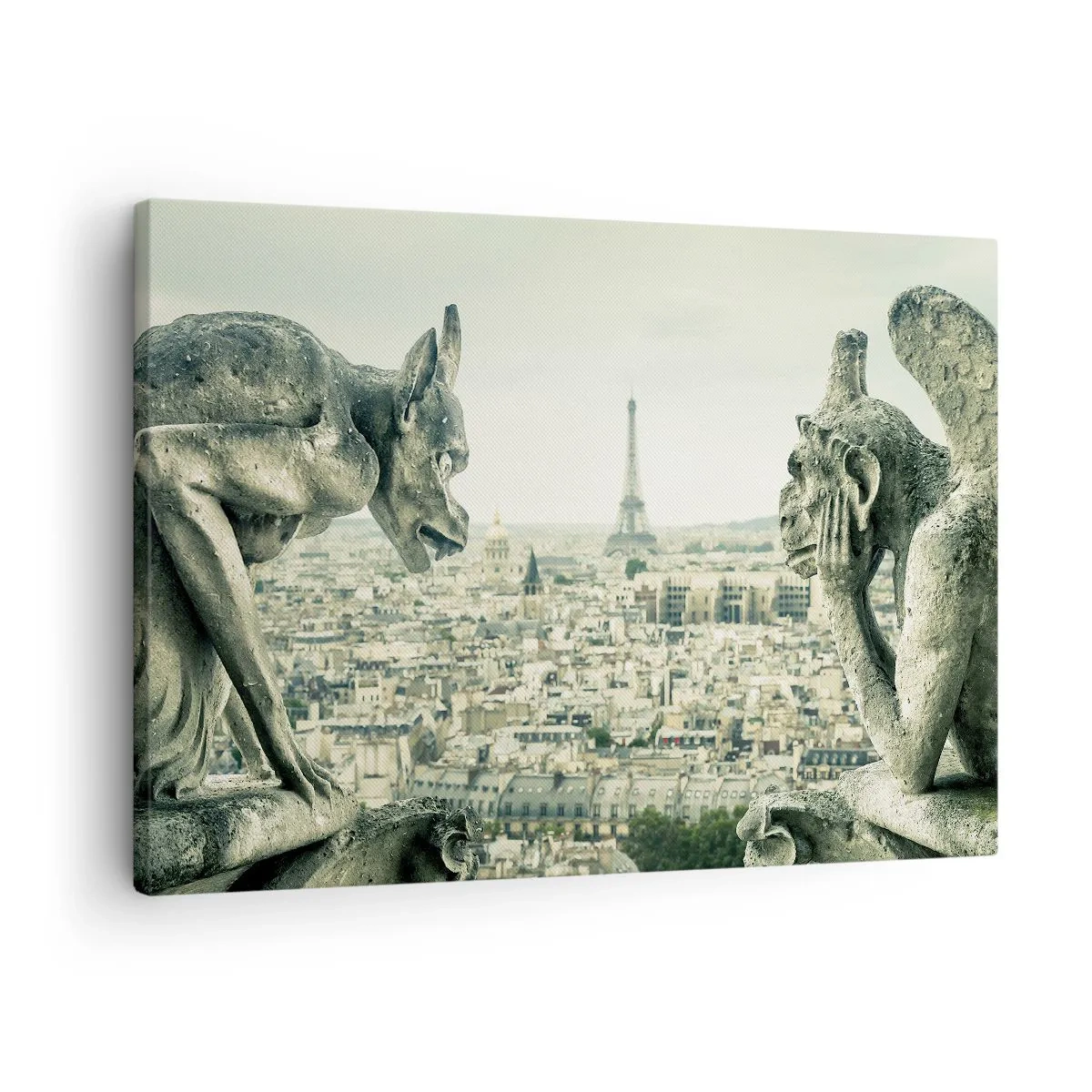 Bild auf Leinwand - Leinwandbild - Wasserspeier mit Blick auf die Skyline von Paris und den Eiffelturm - 70x50cm - Pariser Plaudern - Moderne Wanddekoration für Wohnzimmer und Schlafzimmer ARTTOR