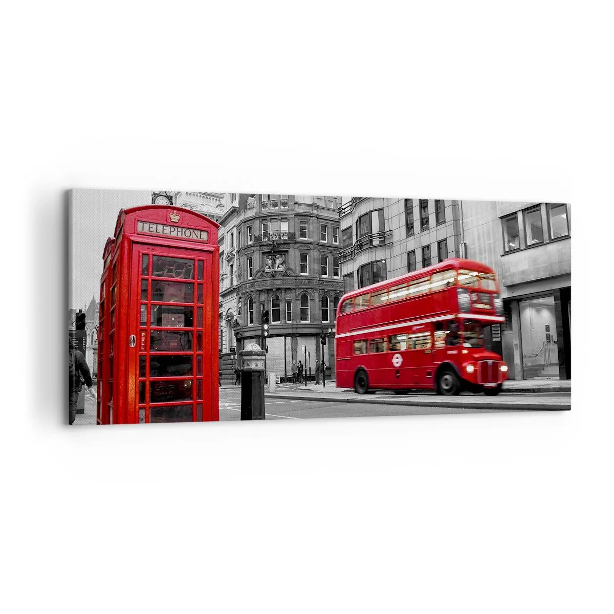 Bild auf Leinwand - Leinwandbild - Eine rote Telefonzelle und ein Doppeldeckerbus in London mit der Stadt im Hintergrund - 120x50cm - Das Rotste in Europa - Moderne Wanddekoration für Wohnzimmer und Schlafzimmer ARTTOR