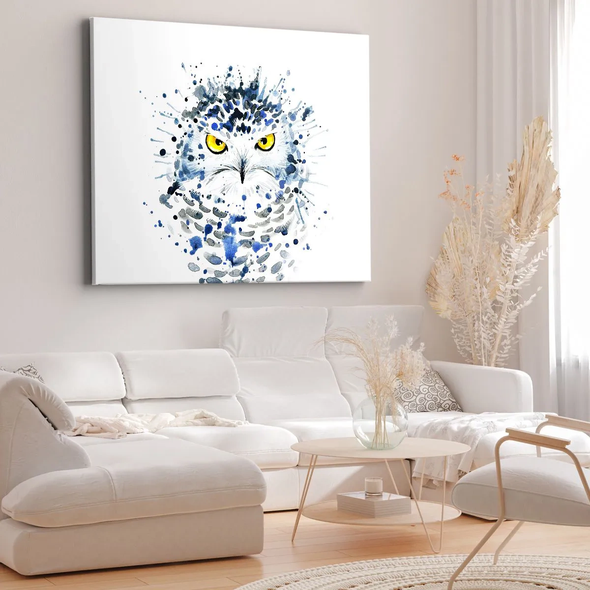 Bild auf Leinwand - Leinwandbild - Abstraktes Porträt einer Eule in blauen und gelben Farben - 70x50cm - Direkt in die Augen - Moderne Wanddekoration für Wohnzimmer und Schlafzimmer ARTTOR