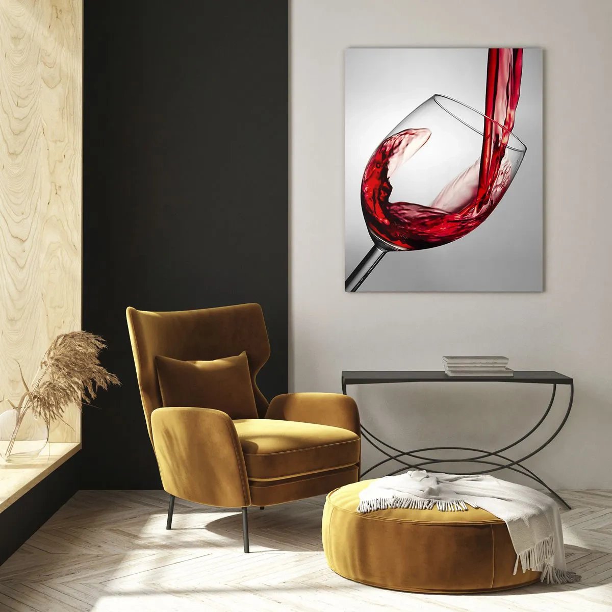 Glasbild - Bild auf glas - Ein Glas Rotwein wird vor hellem Hintergrund eingeschenkt - 80x120cm - Farbe – Bewegung – Klang - Moderne Wanddekoration für Wohnzimmer und Schlafzimmer ARTTOR