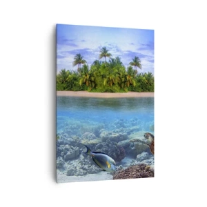 Bild auf Leinwand - Leinwandbild - Eine tropische Insel, umgeben von einem türkisfarbenen Ozean mit einem Korallenriff und Fischen. - 70x100cm - Heavenly Island lädt dich ein - Moderne Wanddekoration für Wohnzimmer und Schlafzimmer ARTTOR