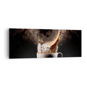 Bild auf Leinwand - Leinwandbild - Eine Tasse Kaffee mit einer dynamischen Flüssigkeitsexplosion auf schwarzem Hintergrund. - 140x50cm - Geschmacksexplosion - Moderne Wanddekoration für Wohnzimmer und Schlafzimmer ARTTOR