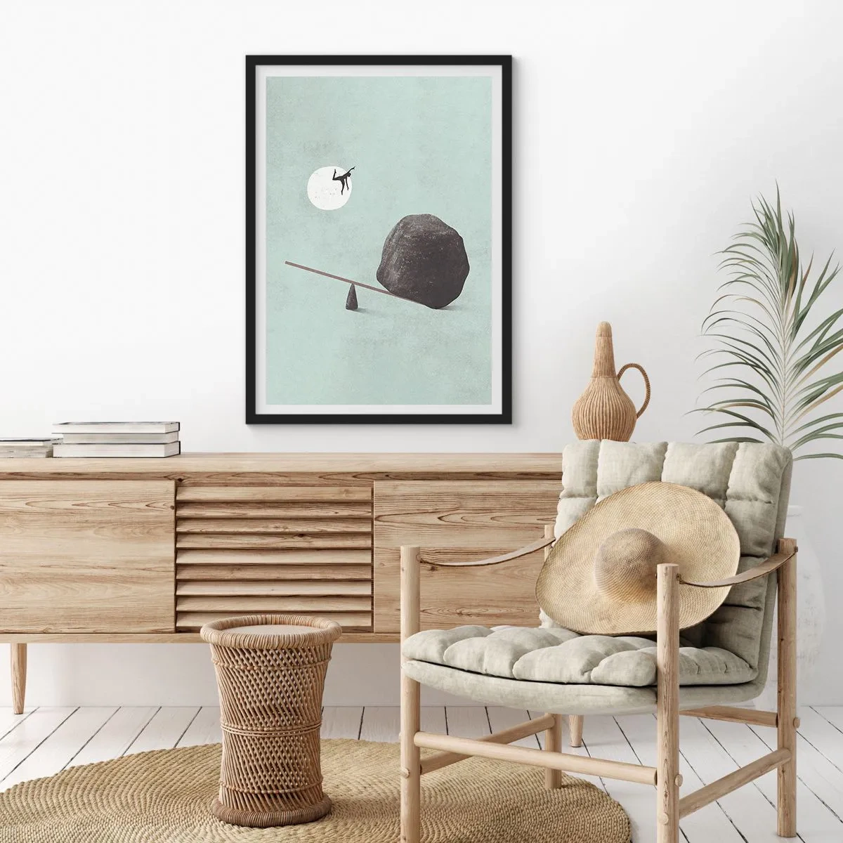Poster in einem schwarzem Rahmen - Eine minimalistische Waage mit einem Stein und einer Figur vor dem Hintergrund des Mondes - 50x70cm - Erfüllte Träume - Moderne Wanddekoration für Wohnzimmer und Schlafzimmer ARTTOR