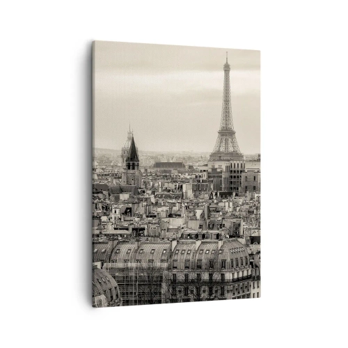 Bild auf Leinwand - Leinwandbild - Panorama von Paris mit dem Eiffelturm in Sepiatönen - 50x70cm - Über den Dächern von Paris - Moderne Wanddekoration für Wohnzimmer und Schlafzimmer ARTTOR
