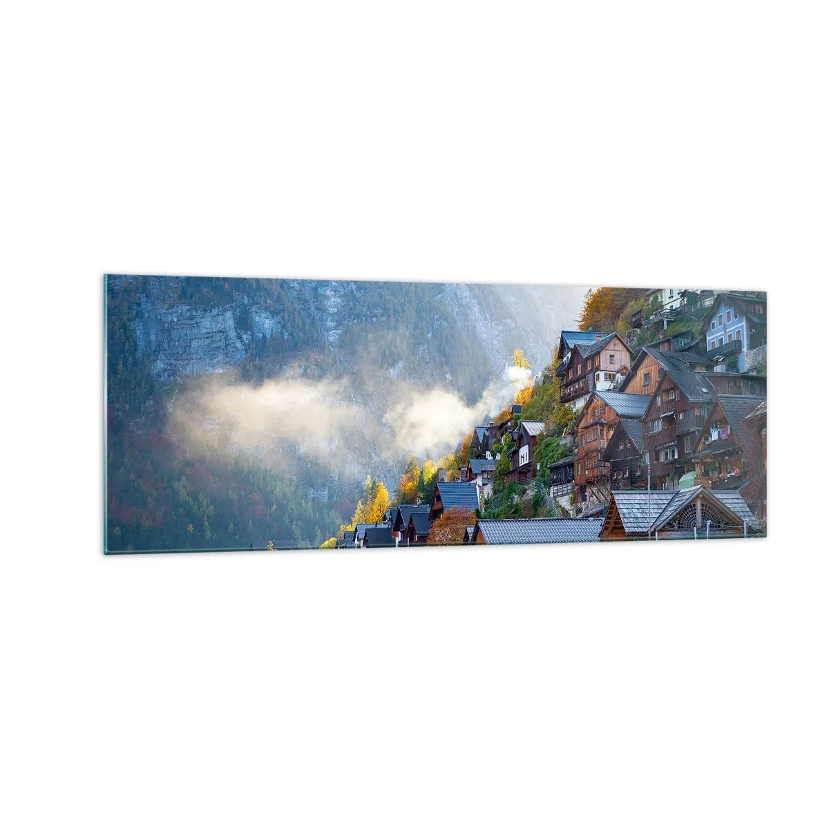 Glasbild - Bild auf glas - Ein Bergdorf an einem See in herbstlicher Landschaft - 140x50cm - Alpenatmosphäre - Moderne Wanddekoration für Wohnzimmer und Schlafzimmer ARTTOR