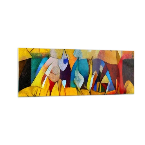 Glasbild - Bild auf glas - Eine farbenfrohe Abstraktion, die Figuren in geometrischer Form darstellt - 140x50cm - Sonne - Leben - Freude - Moderne Wanddekoration für Wohnzimmer und Schlafzimmer ARTTOR