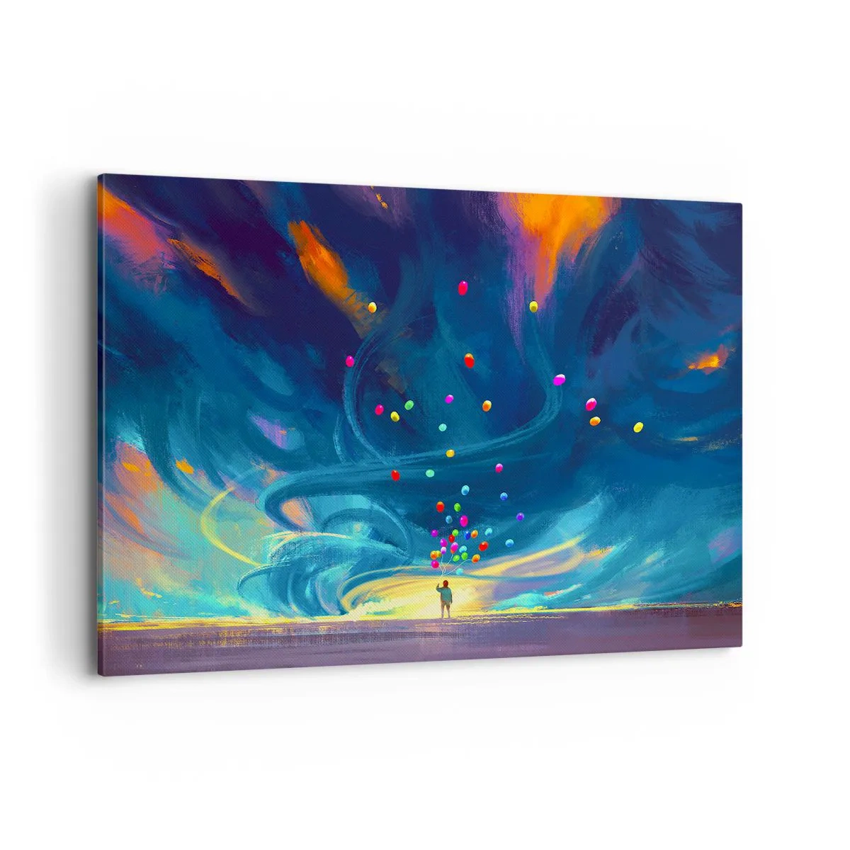 Bild auf Leinwand - Leinwandbild - Eine Figur mit Luftballons vor einem Hintergrund wirbelnder, bunter Wolken - 100x70cm - Zum blauen Wind - Moderne Wanddekoration für Wohnzimmer und Schlafzimmer ARTTOR