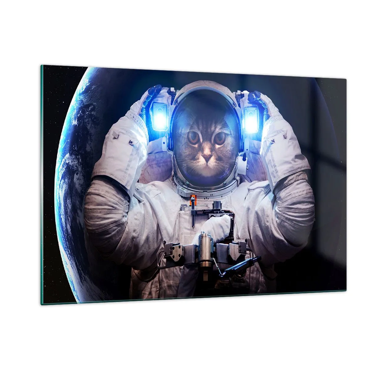 Glasbild - Bild auf glas - Ein katzenköpfiger Kosmonaut im Weltraum - 120x80cm - Houston, du hast ein Problem - Moderne Wanddekoration für Wohnzimmer und Schlafzimmer ARTTOR