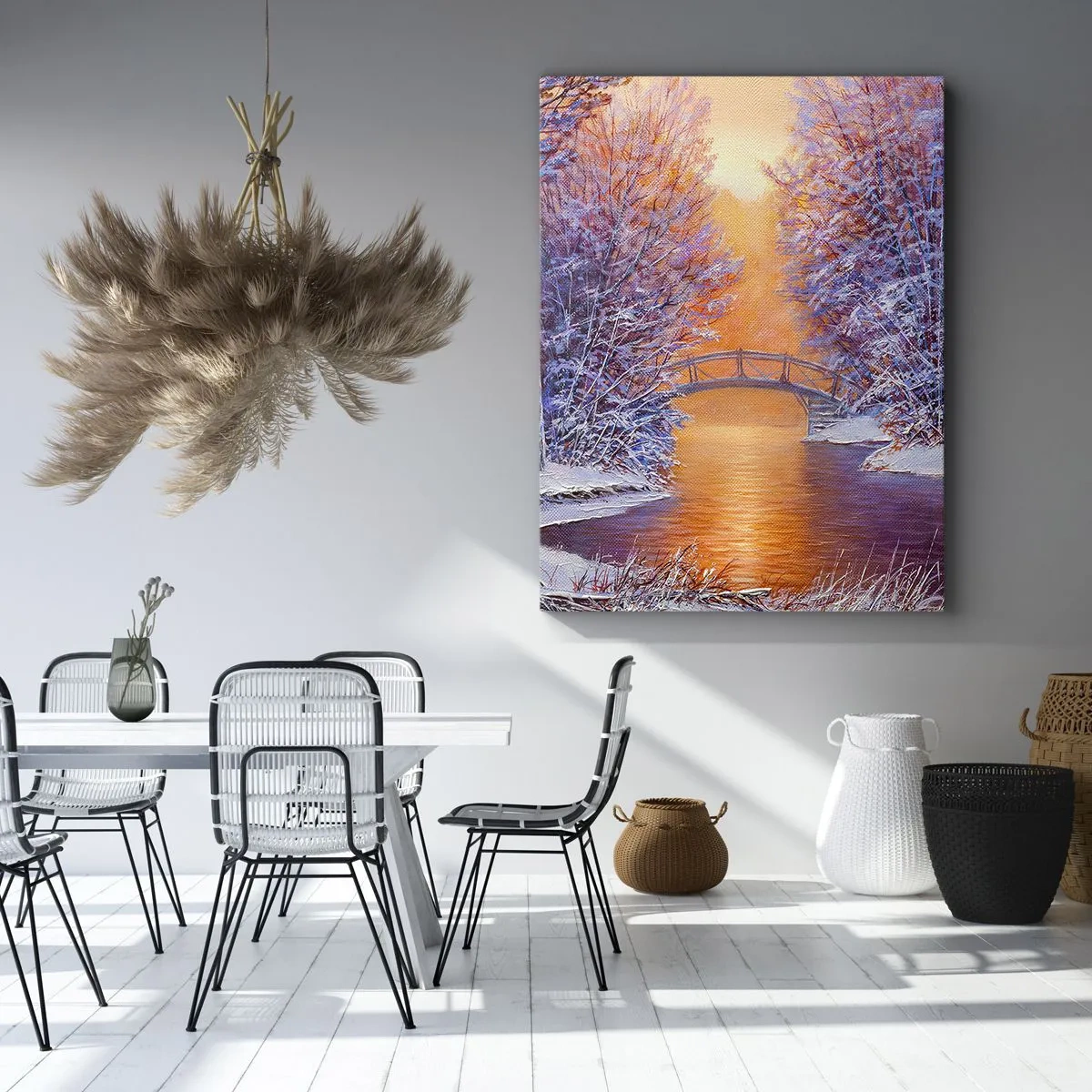 Bild auf Leinwand - Leinwandbild - Winterlandschaft mit Brücke und Sonnenuntergang - 50x70cm - Treffen wir uns hier - Moderne Wanddekoration für Wohnzimmer und Schlafzimmer ARTTOR