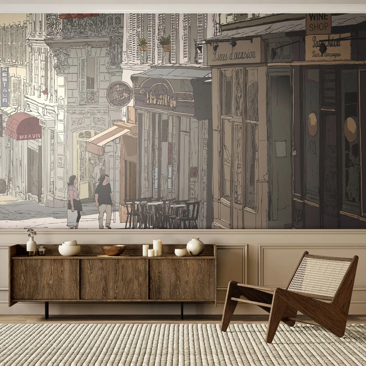 Fototapete Premium Sand - Eine Straße mit Cafés und Geschäften im europäischen Stil - 100x70cm - Stadtfreuden - Moderne Wanddekoration für Wohnzimmer und Schlafzimmer ARTTOR