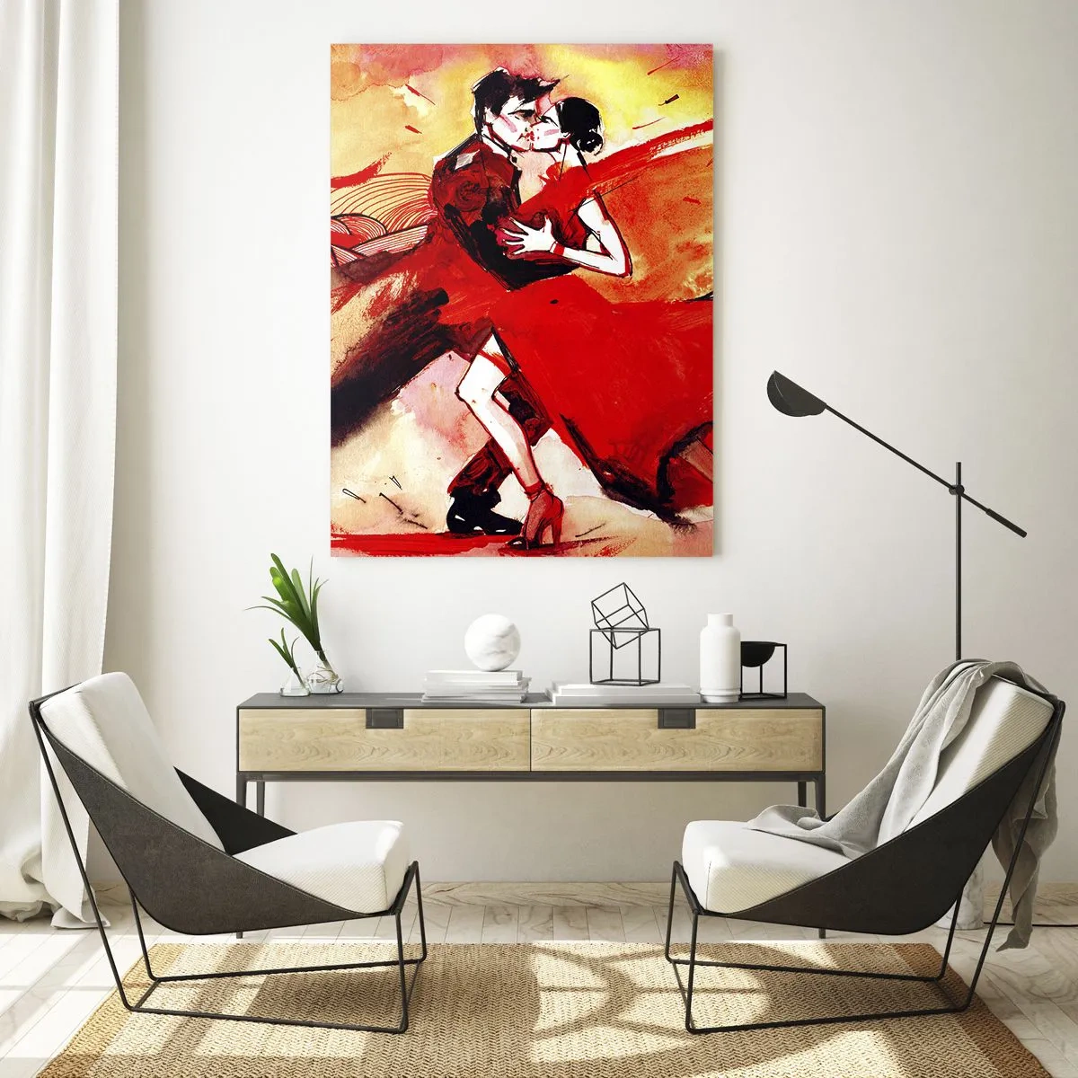 Glasbild - Bild auf glas - Ein Paar tanzt Tango in Rottönen vor einem dynamischen Hintergrund. - 70x100cm - Der violette Rhythmus der Leidenschaft - Moderne Wanddekoration für Wohnzimmer und Schlafzimmer ARTTOR