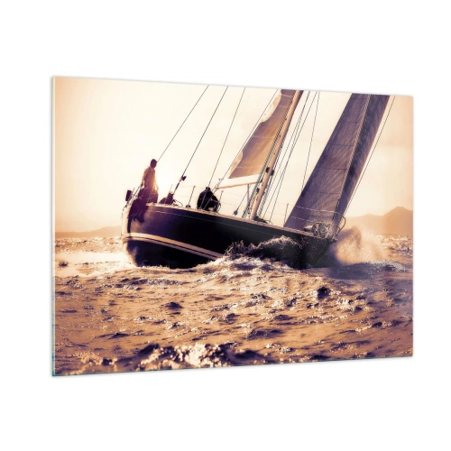 Glasbild - Bild auf glas - Ein Segelboot auf stürmischer See in warmen Farbtönen - 100x70cm - Segle, Seemann - Moderne Wanddekoration für Wohnzimmer und Schlafzimmer ARTTOR