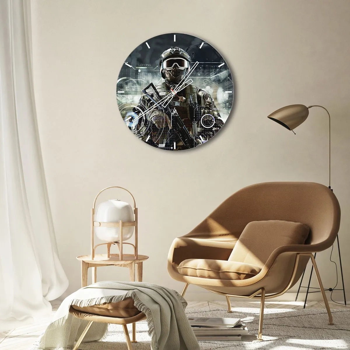 Wanduhr - Glasuhr - Die Figur eines Soldaten in moderner Ausrüstung vor dem Hintergrund technologischer Grafiken - 30x30cm - Macht zu Macht - Moderne Wanddekoration für Wohnzimmer, Küche und Schlafzimmer ARTTOR