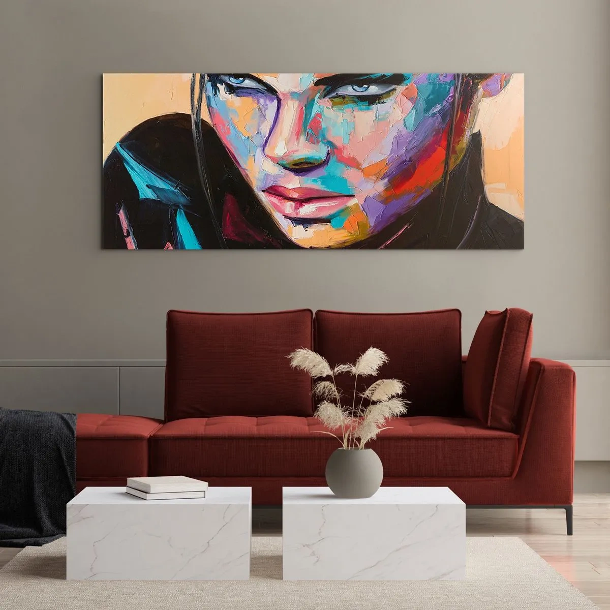Glasbild - Bild auf glas - Porträt einer Frau in lebendigen abstrakten Farben - 120x50cm - Wild im Herzen - Moderne Wanddekoration für Wohnzimmer und Schlafzimmer ARTTOR