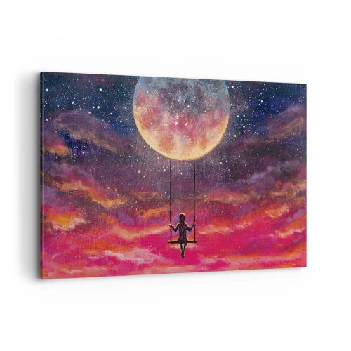 Bild auf Leinwand - Leinwandbild - Eine Figur auf einer Schaukel, die vor dem Mond hängt - 120x80cm - Traum - Moderne Wanddekoration für Wohnzimmer und Schlafzimmer ARTTOR