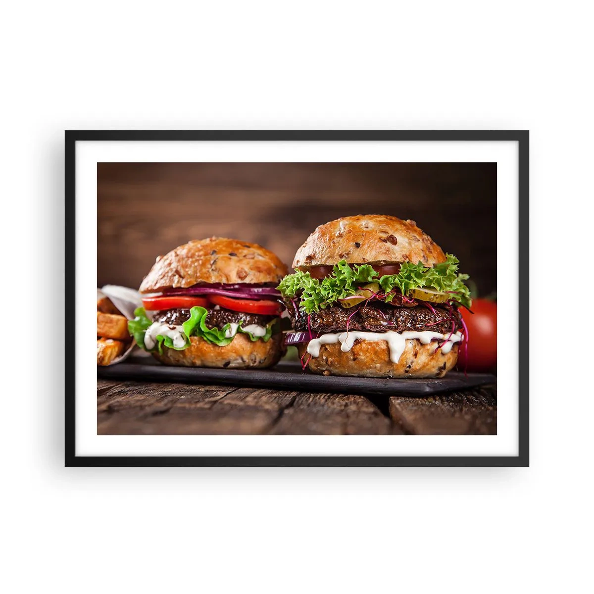 Poster in einem schwarzem Rahmen - Appetitliche Burger mit Gemüse und Sauce - 70x50cm - Amerikanischer Traum - Moderne Wanddekoration für Wohnzimmer und Schlafzimmer ARTTOR