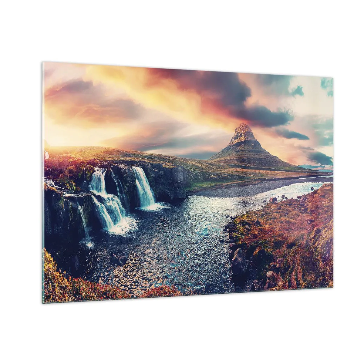 Glasbild - Bild auf glas - Wasserfall und Berg bei Sonnenuntergang in der isländischen Landschaft - 100x70cm - In der Majestät der Natur - Moderne Wanddekoration für Wohnzimmer und Schlafzimmer ARTTOR