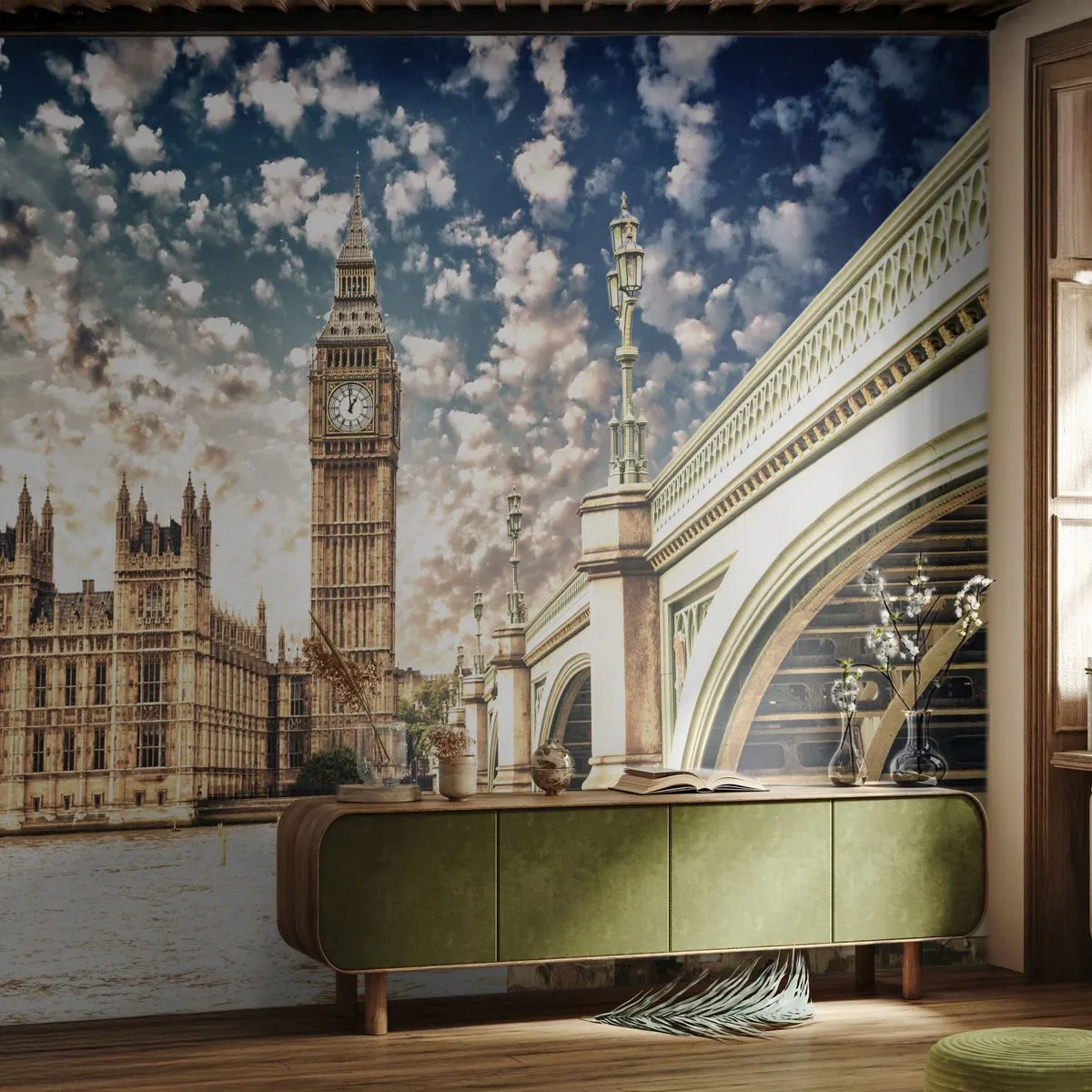 Fototapete Premium Sand - Panorama der Stadt mit historischer Architektur und einer Brücke - 100x70cm - Federwolken über der Themse - Moderne Wanddekoration für Wohnzimmer und Schlafzimmer ARTTOR