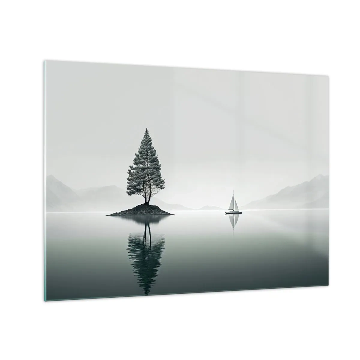 Glasbild - Bild auf glas - Ein einsamer Baum auf einer Insel und ein Segelboot auf einem ruhigen See - 70x50cm - Traum - Moderne Wanddekoration für Wohnzimmer und Schlafzimmer ARTTOR