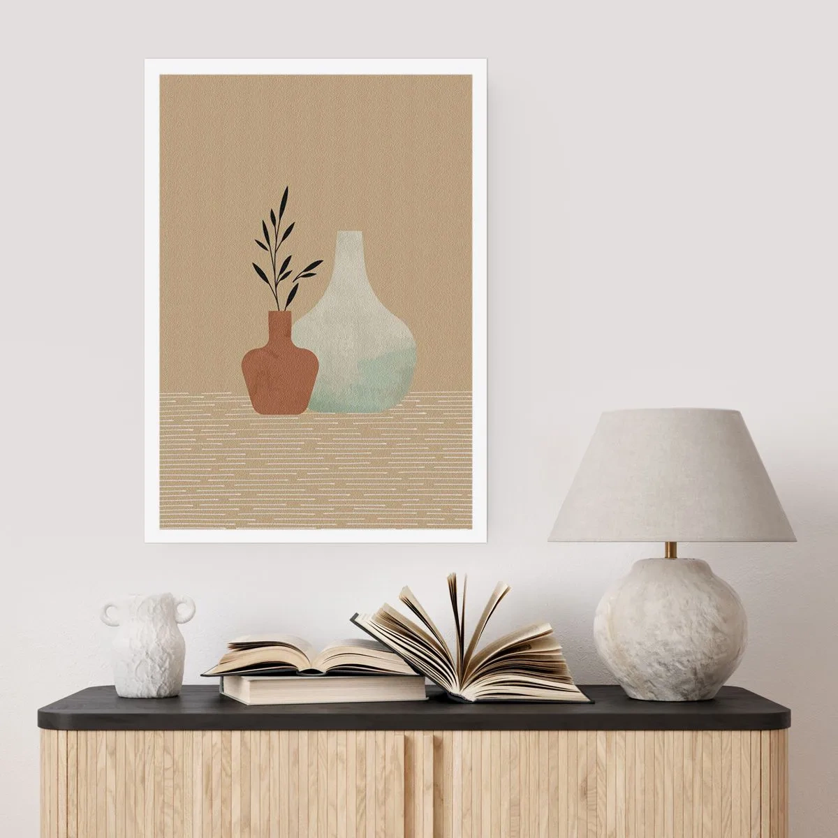 Poster - Illustration von Keramikvasen in gedeckten Farben - 50x70cm - Vase und ihre Idee - Moderne Wanddekoration für Wohnzimmer und Schlafzimmer ARTTOR