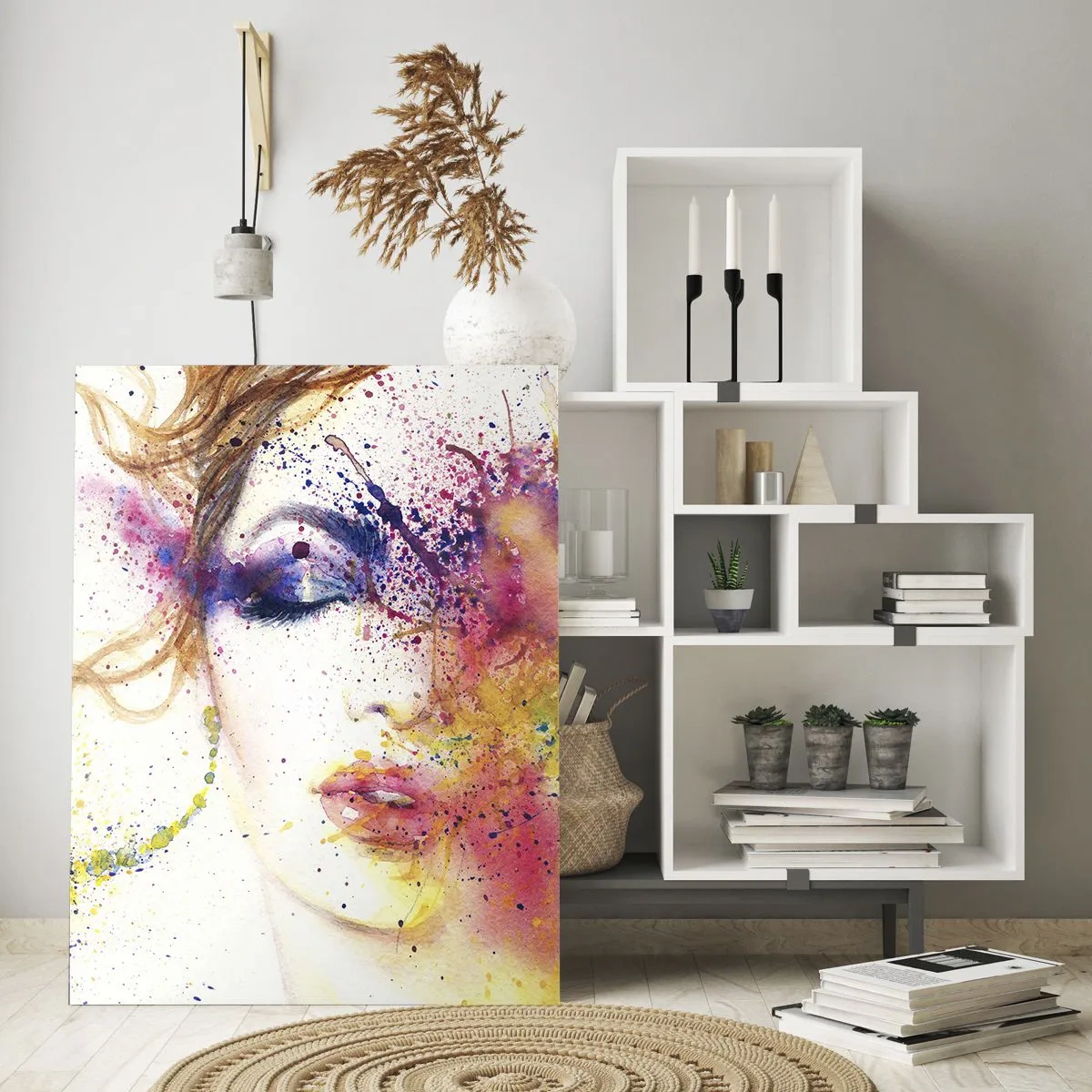 Glasbild - Bild auf glas - Abstraktes Porträt einer Frau mit Regenbogen-Farbspritzern - 50x70cm - Regenbogenschwindel - Moderne Wanddekoration für Wohnzimmer und Schlafzimmer ARTTOR