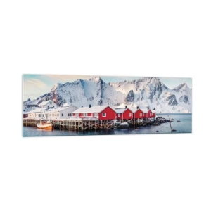 Glasbild - Bild auf glas - Rote Häuser vor dem Hintergrund schneebedeckter Berge und des blauen Meeres - 160x50cm - Nördlicher Rückzug - Moderne Wanddekoration für Wohnzimmer und Schlafzimmer ARTTOR