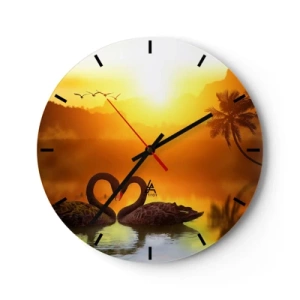 Wanduhr - Glasuhr - Zwei schwarze Schwäne auf einem See bei Sonnenuntergang - 30x30cm - Alles passt zusammen - Moderne Wanddekoration für Wohnzimmer, Küche und Schlafzimmer ARTTOR