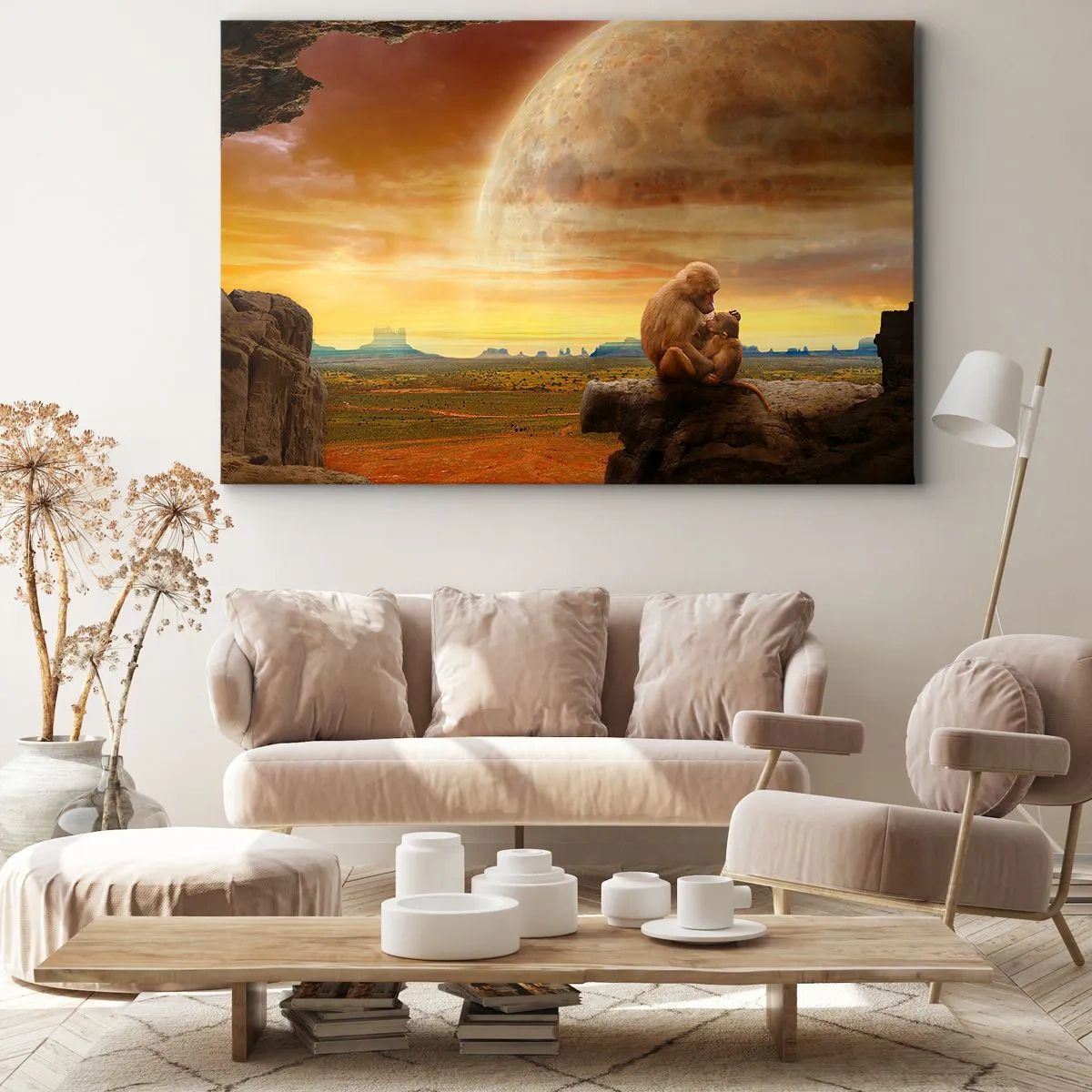 Bild auf Leinwand - Leinwandbild - Affen sitzen auf einem Felsen in einer surrealen Landschaft mit einem riesigen Planeten - 70x50cm - Die Liebe ist überall gleich - Moderne Wanddekoration für Wohnzimmer und Schlafzimmer ARTTOR