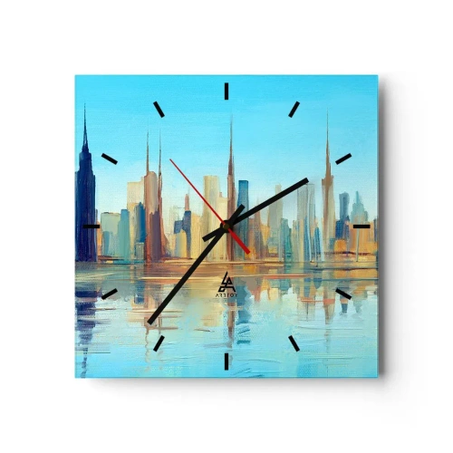 Wanduhr - Glasuhr - Ein Panorama der Stadt in warmen Farben mit Spiegelung im Wasser - 30x30cm - Sonnige Metropole - Moderne Wanddekoration für Wohnzimmer und Schlafzimmer ARTTOR