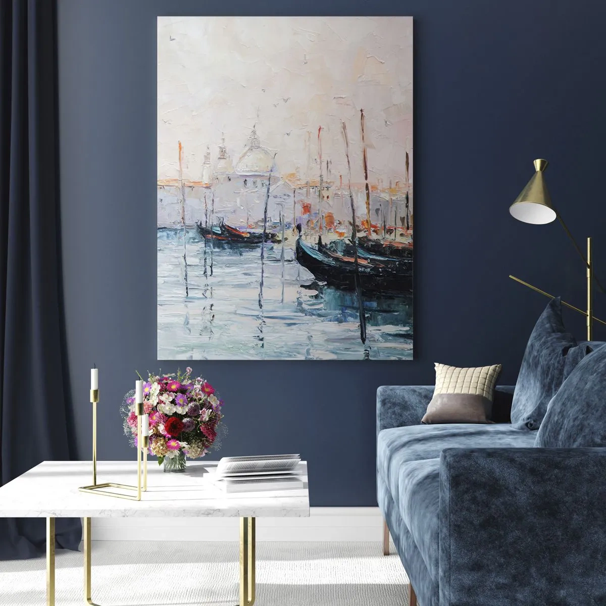 Glasbild - Bild auf glas - Impressionistische Landschaft mit Booten und Gebäuden - 50x70cm - Hinter dem Wasser, hinter dem Nebel - Moderne Wanddekoration für Wohnzimmer und Schlafzimmer ARTTOR