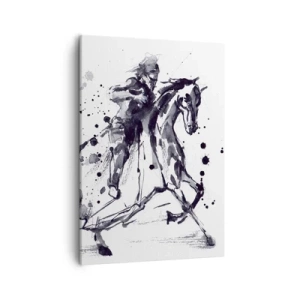 Bild auf Leinwand - Leinwandbild - Schwarz-weißes Aquarell eines Reiters auf einem galoppierenden Pferd - 50x70cm - Schwarzer Ritter - Moderne Wanddekoration für Wohnzimmer und Schlafzimmer ARTTOR