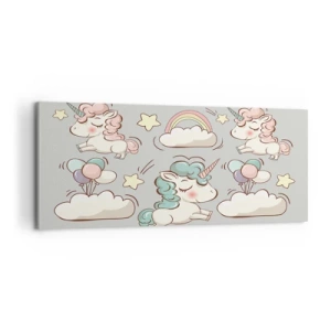 Bild auf Leinwand - Leinwandbild - Niedliche Einhörner auf pastellfarbenem Hintergrund - 120x50cm - Sicherlich gibt es... - Moderne Wanddekoration für Wohnzimmer und Schlafzimmer ARTTOR