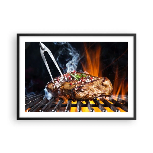 Poster in einem schwarzem Rahmen - Gegrilltes Steak auf einem Grill mit Gewürzen - 70x50cm - Saftig und duftend - Moderne Wanddekoration für Wohnzimmer und Schlafzimmer ARTTOR