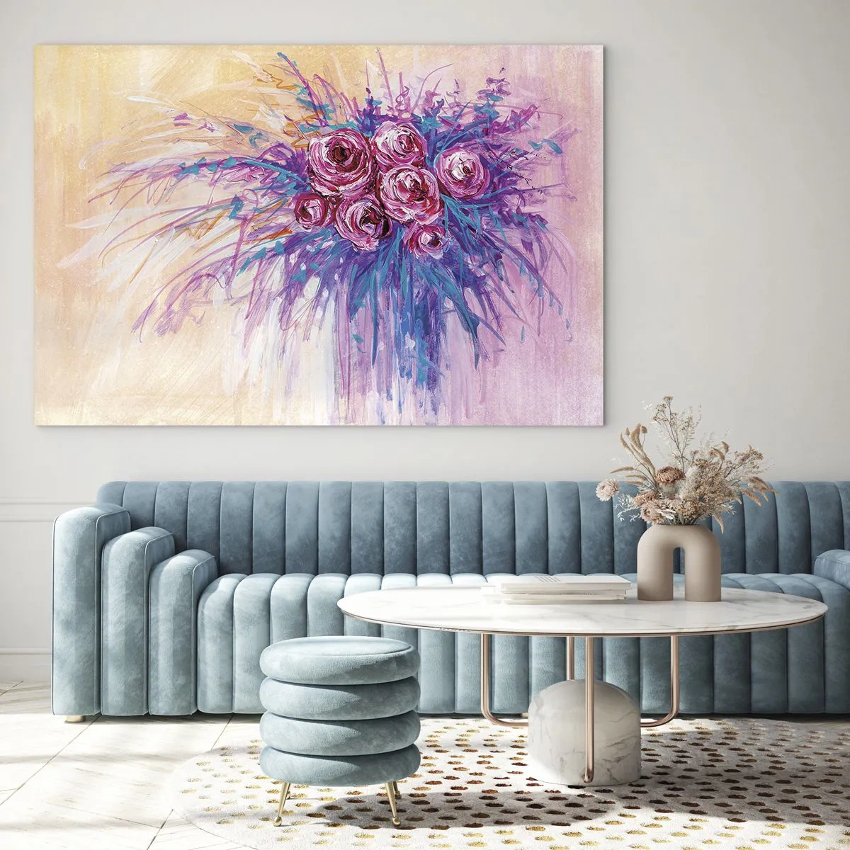 Glasbild - Bild auf glas - Ein Strauß Rosen in Rosa- und Lilatönen auf pastellfarbenem Hintergrund - 70x50cm - Rosenbrunnen - Moderne Wanddekoration für Wohnzimmer und Schlafzimmer ARTTOR