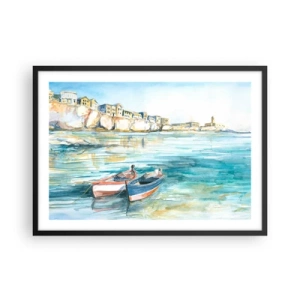 Poster in einem schwarzem Rahmen - Eine malerische Küstenlandschaft mit Booten auf dem Wasser - 70x50cm - Landschaft in Azurblau - Moderne Wanddekoration für Wohnzimmer und Schlafzimmer ARTTOR