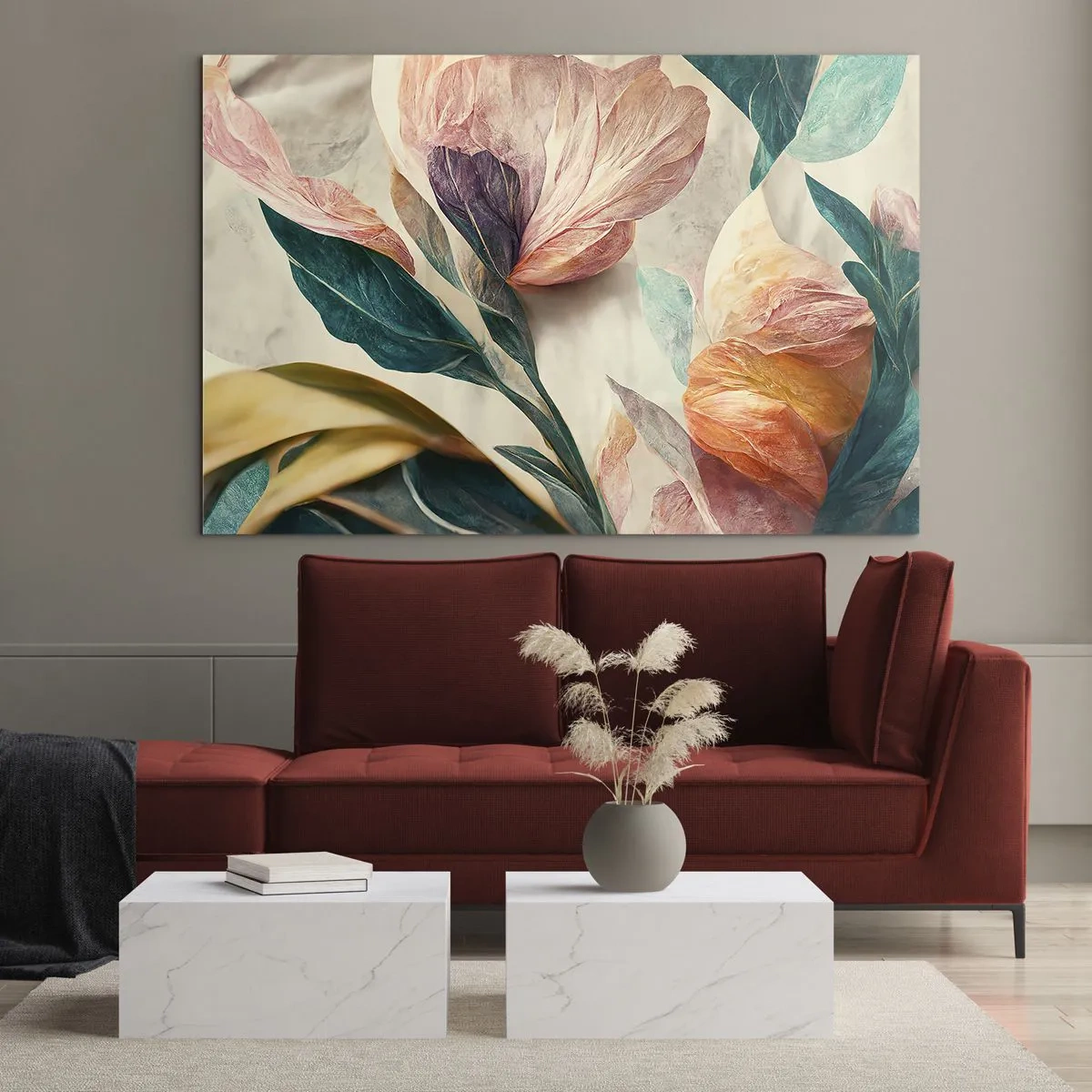 Glasbild - Bild auf glas - Exotische Blumen und Blätter in Pastellfarben im botanischen Stil - 70x50cm - Blumen der südlichen Inseln - Moderne Wanddekoration für Wohnzimmer und Schlafzimmer ARTTOR