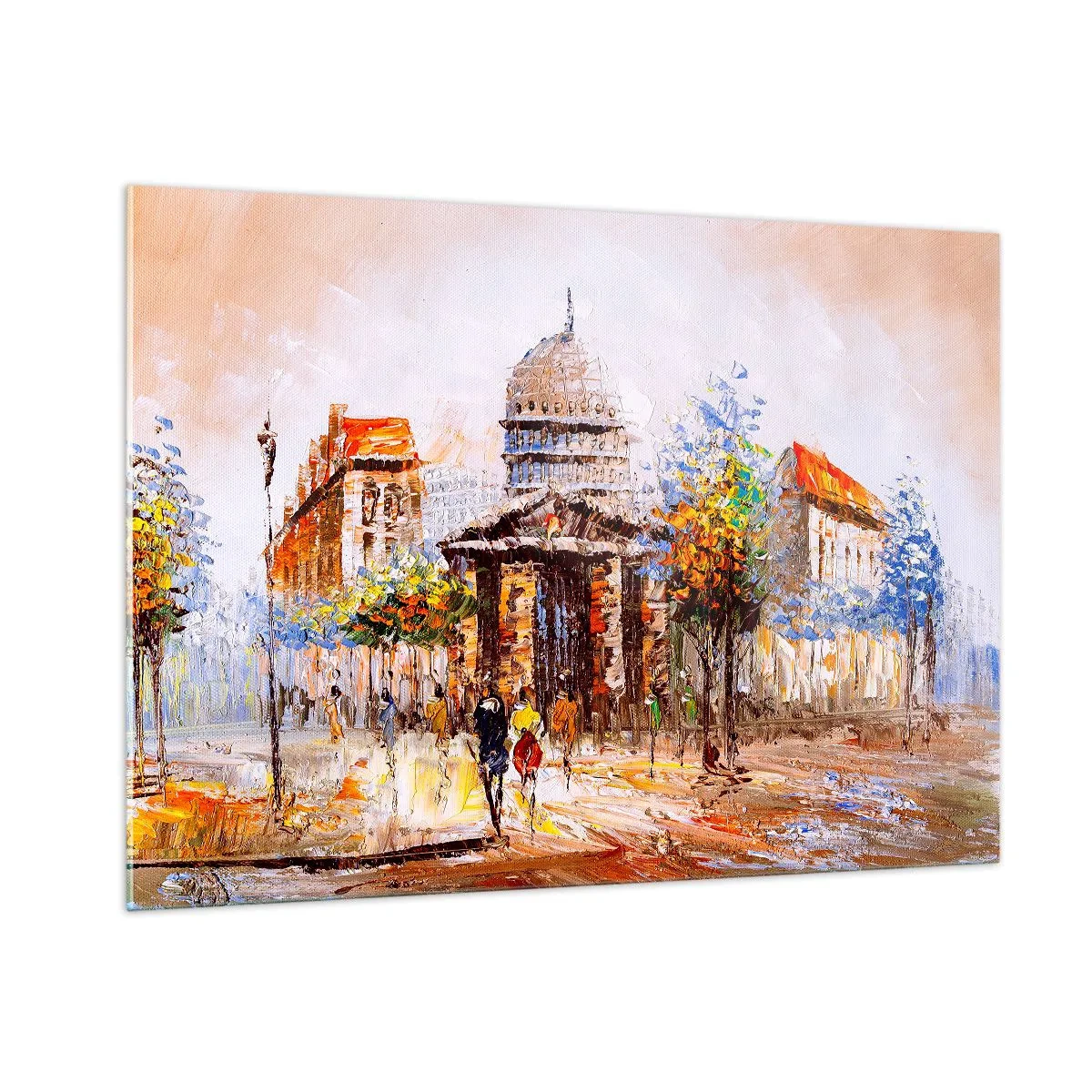 Glasbild - Bild auf glas - Eine malerische Stadtstraße mit einem historischen Gebäude im Hintergrund - 100x70cm - Pariser Spaziergang - Moderne Wanddekoration für Wohnzimmer und Schlafzimmer ARTTOR