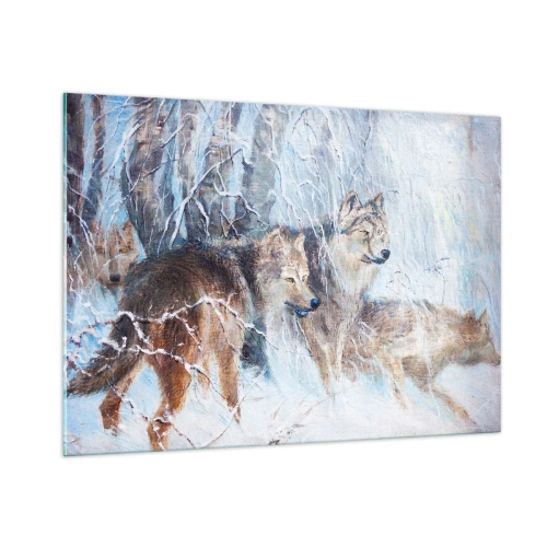 Glasbild - Bild auf glas - Drei Wölfe in einem Winterwald, umgeben von Schnee - 100x70cm - Beachtung! Hier kommt ... - Moderne Wanddekoration für Wohnzimmer und Schlafzimmer ARTTOR