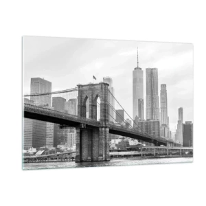 Glasbild - Bild auf glas - Schwarz-Weiß-Foto einer Brücke und Stadtlandschaft - 120x80cm - New Yorker Atmosphäre - Moderne Wanddekoration für Wohnzimmer und Schlafzimmer ARTTOR