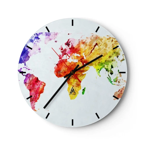 Wanduhr - Glasuhr - Aquarell-Weltkarte in lebendigen Farben - 30x30cm - Alle Farben der Welt - Moderne Wanddekoration für Wohnzimmer, Küche und Schlafzimmer ARTTOR