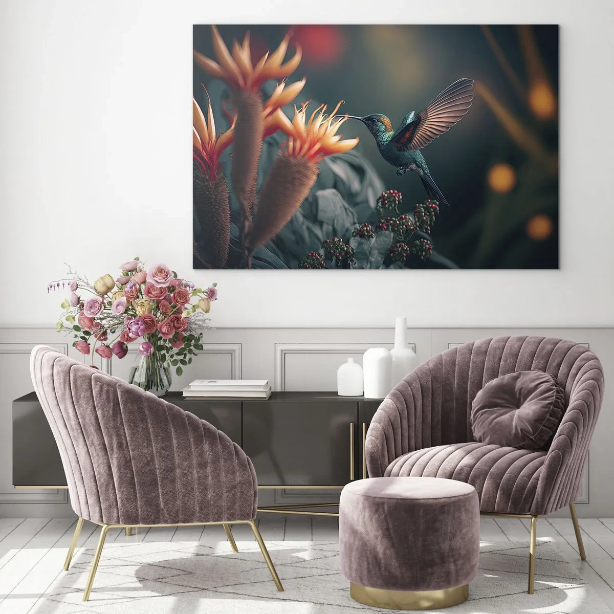 Glasbild - Bild auf glas - Ein Kolibri schwebt über exotischen Blumen zwischen den Blättern. - 70x50cm - Wirklich buntes Leben - Moderne Wanddekoration für Wohnzimmer und Schlafzimmer ARTTOR