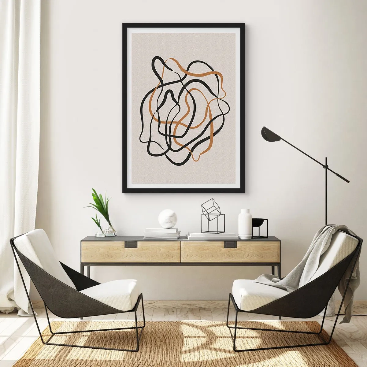 Poster in einem schwarzem Rahmen - Abstrakte verschlungene Linien in Schwarz und Gold auf Beige - 50x70cm - Alles ging schief - Moderne Wanddekoration für Wohnzimmer und Schlafzimmer ARTTOR