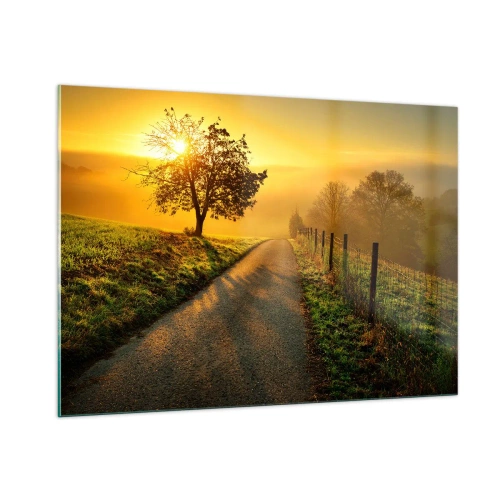 Glasbild - Bild auf glas - Eine Straße durch eine ländliche Landschaft bei Sonnenuntergang - 100x70cm - Honig-Nachmittag - Moderne Wanddekoration für Wohnzimmer und Schlafzimmer ARTTOR