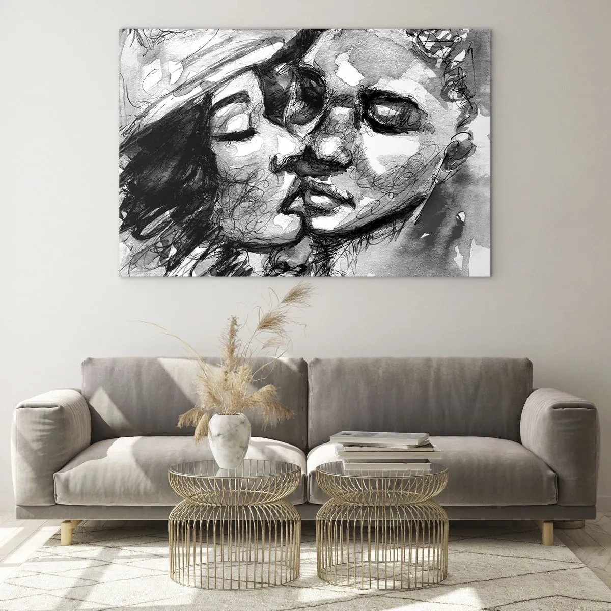 Glasbild - Bild auf glas - Schwarz-Weiß-Skizze eines zärtlichen Kusses - 70x50cm - Zärtlicher Moment - Moderne Wanddekoration für Wohnzimmer und Schlafzimmer ARTTOR