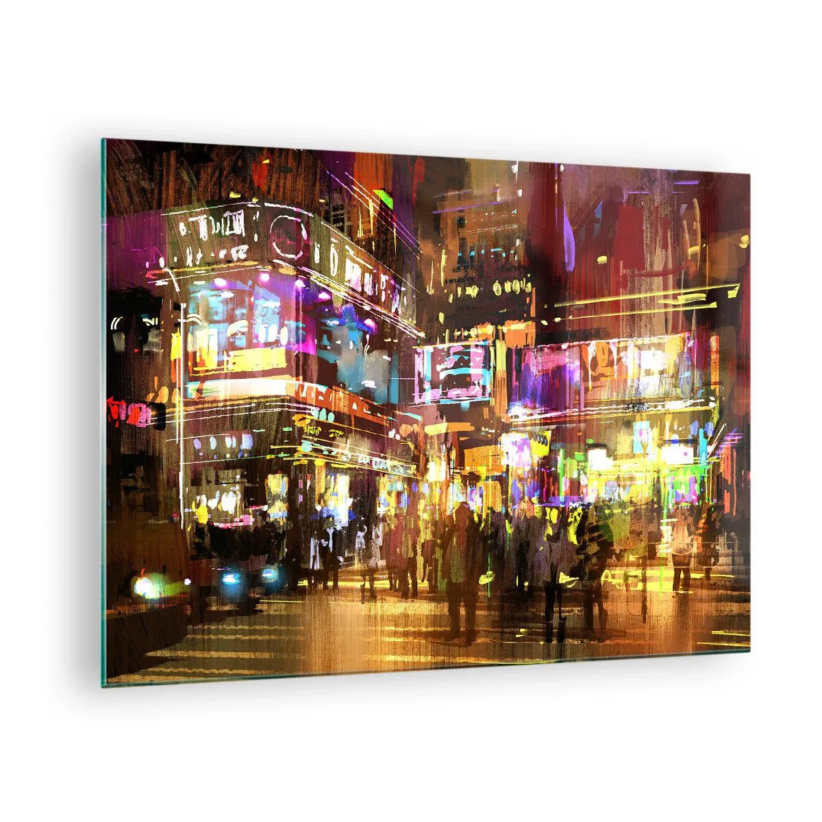 Glasbild - Bild auf glas - Eine pulsierende Stadt im Neonlicht - 70x50cm - In einem Lichtermeer - Moderne Wanddekoration für Wohnzimmer und Schlafzimmer ARTTOR