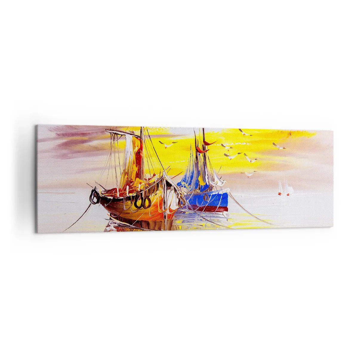 Bild auf Leinwand - Leinwandbild - Eine malerische Szene von Booten auf ruhiger See - 160x50cm - Eine wohlverdiente Pause im Hafen - Moderne Wanddekoration für Wohnzimmer und Schlafzimmer ARTTOR