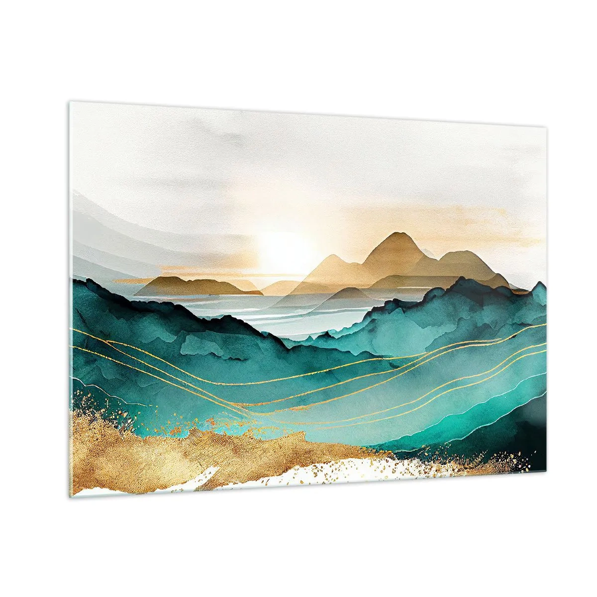 Glasbild - Bild auf glas - Eine gold- und türkisfarbene Berglandschaft im Aquarellstil. - 100x70cm - Am Rande der Abstraktion – Landschaft - Moderne Wanddekoration für Wohnzimmer und Schlafzimmer ARTTOR