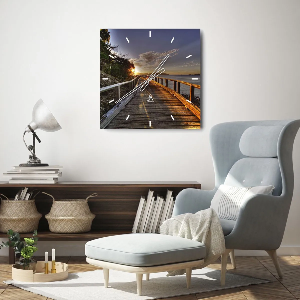 Wanduhr - Glasuhr - Ein Holzsteg führt dem Sonnenuntergang über dem Wasser entgegen - 30x30cm - Gehen, weiter der Sonne entgegengehen - Moderne Wanddekoration für Wohnzimmer und Schlafzimmer ARTTOR